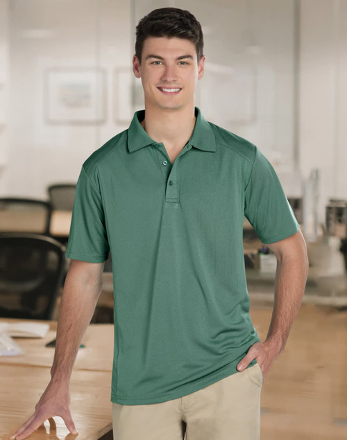 A green men's polo shirt featuring a classic design and a logo. Suitable for casual or semi-formal wear.