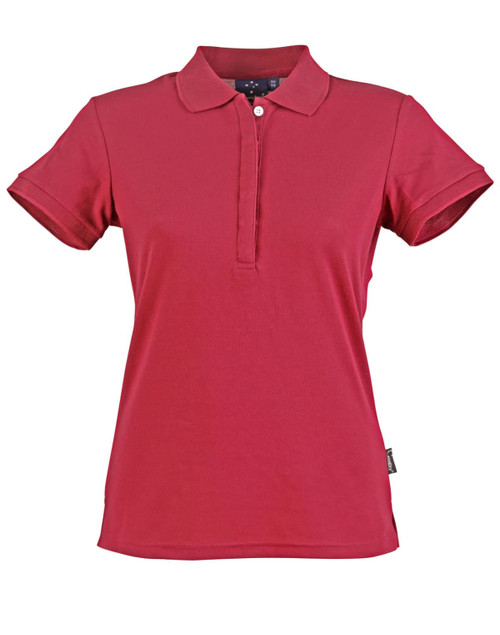 A red ladies' polo shirt with a collar, short sleeves, and a logo on the side.