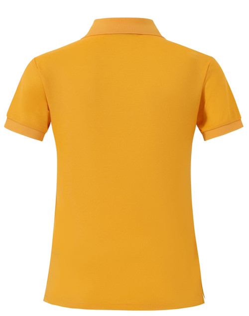 A women's yellow polo shirt with a back view and a small logo at the hem.