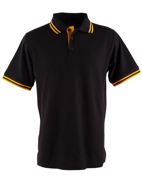A black polo shirt with yellow striped accents on the collar and sleeves, featuring a logo on the chest.