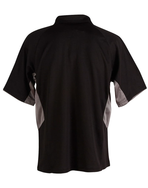 A black polo shirt with grey accents, featuring a collar and short sleeves, displaying a logo.