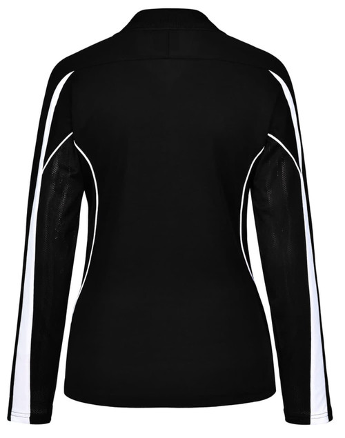 A long sleeve polo shirt in black with white accents, featuring a logo on the back.