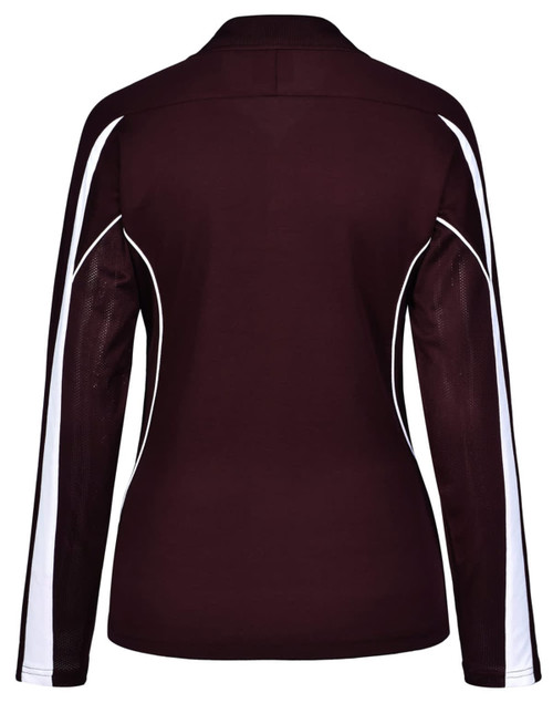 A long sleeve polo shirt in maroon with white side accents and a logo.