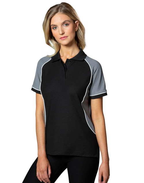 A black tri-colour polo shirt with grey and white accents, featuring a collar and short sleeves. It has a logo.