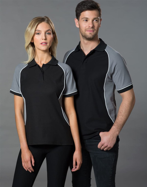 A black polo shirt with grey sleeves and white piping, featuring a logo on the chest.