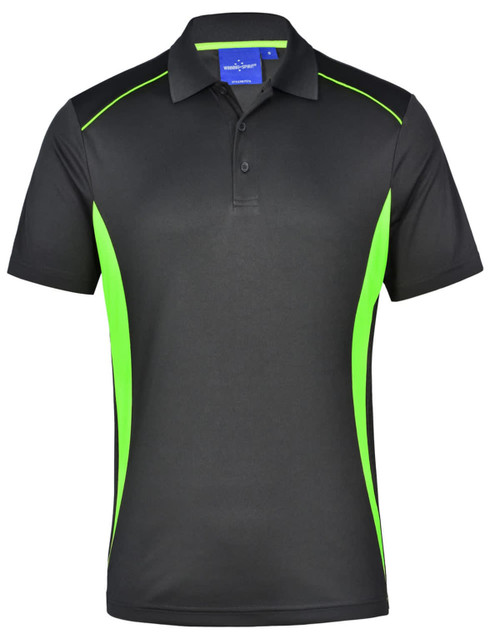 Men's short-sleeve polo shirt in black with vibrant green contrast panels and a logo on the chest.