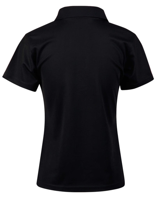 A black ladies' polo shirt with short sleeves and a classic collar, featuring a logo on the back.