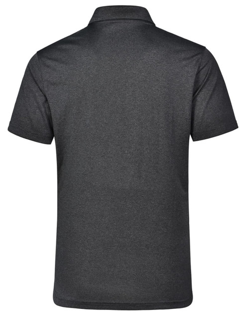 A dark grey men's short sleeve polo shirt featuring a collar and a logo.