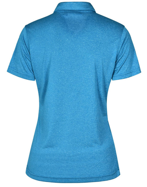 A cationic short sleeve polo shirt in a bright blue colour, featuring a back view with a smooth texture and logo.