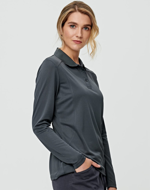 A long-sleeved polo shirt in charcoal grey, featuring a collar and a logo on the chest.