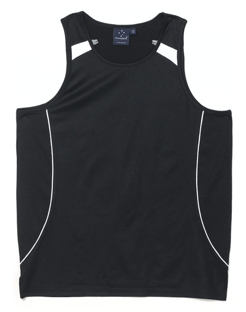 A black men's singlet featuring white detailing and a logo on the label. Smooth fabric and sleeveless design.