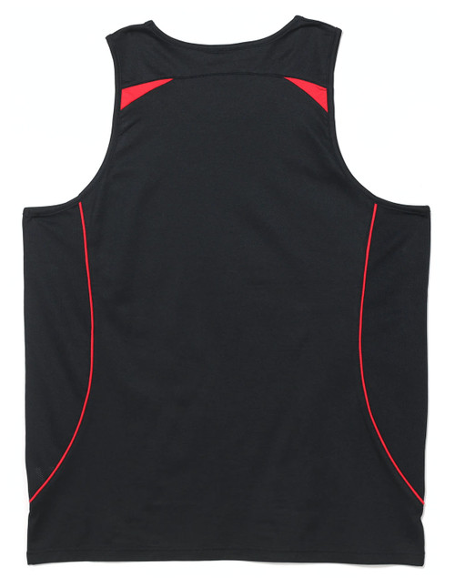 A black men's singlet with red detailing and a logo on the back.