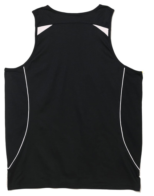 A black men's singlet featuring white accents and a logo. Ideal for fashion and active wear.