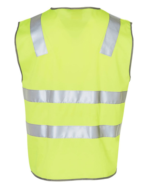 A hi-vis yellow safety vest with reflective silver tapes, featuring a sleeveless design and a logo on the back.