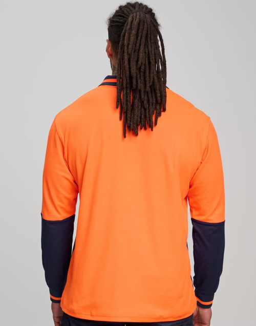 An orange long-sleeve safety polo shirt with navy blue sleeves and a branding logo.
