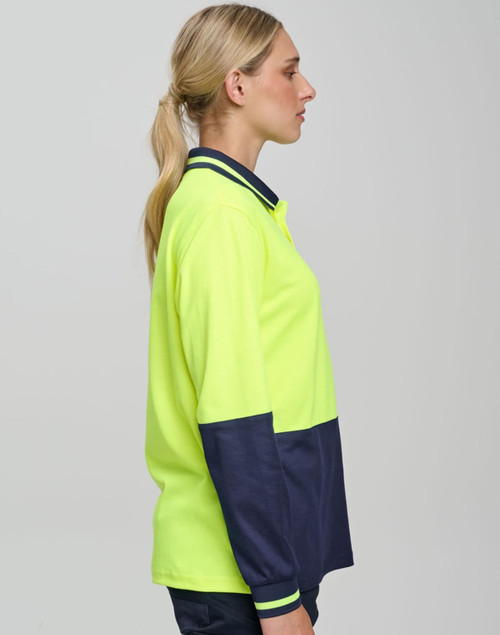 A long-sleeve high-visibility polo shirt in neon yellow with navy blue accents, featuring a collar and a logo.