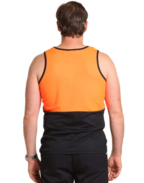 A safety singlet featuring a bright orange upper section and black lower portion, with a logo displayed.