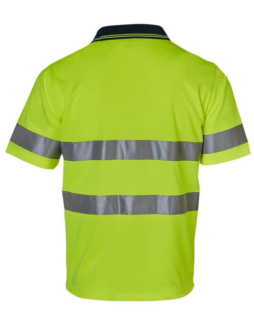 A bright yellow safety polo shirt featuring reflective silver stripes on the back. It includes a collar and branding.