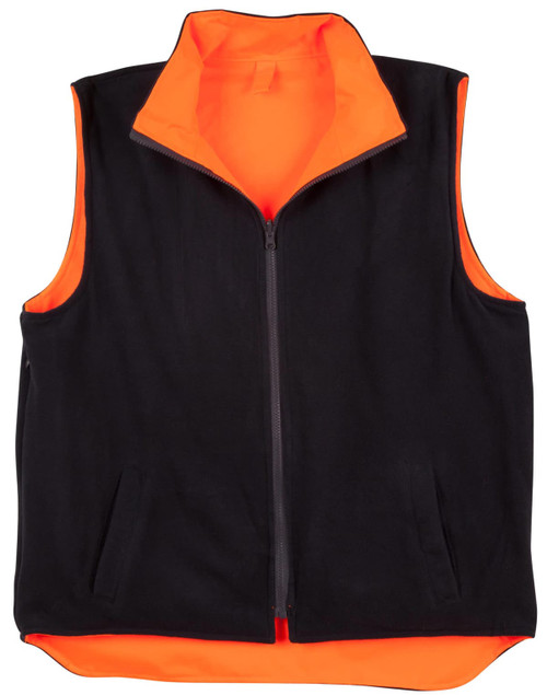 A reversible safety vest featuring a black exterior and bright orange interior, designed with pockets and a zip front.