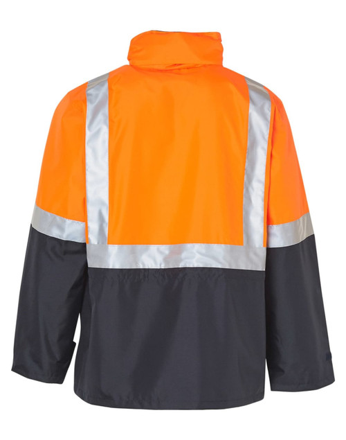 A safety jacket featuring high-visibility orange and black panels, with reflective 3M tape accents.