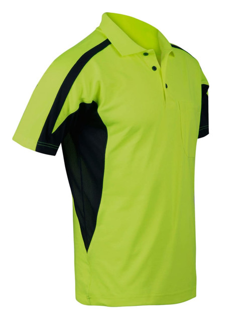 A bright hi-vis yellow and black safety polo shirt with a collar and short sleeves, featuring a pocket and logo.