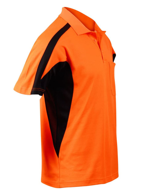 A vibrant orange men's polo shirt with black accents and a pocket, designed for safety and workwear.