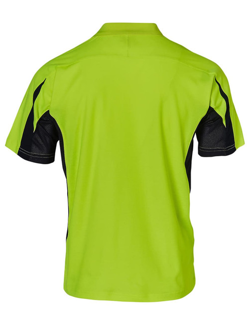 A safety polo shirt featuring a bright lime green body with black accents. It has a logo on the back.