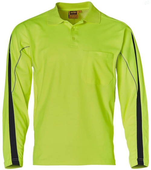 A long-sleeved hi-vis polo shirt in bright yellow with black accents and a pocket. It features a logo.