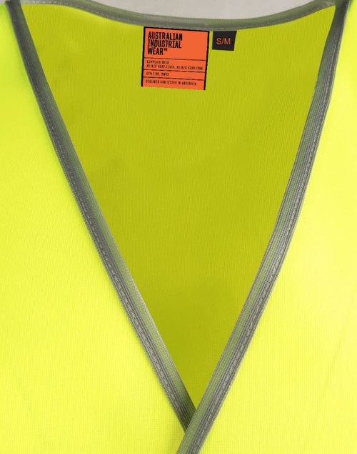 A bright yellow safety vest with reflective shoulder tapes and a grey trim, featuring a logo label.