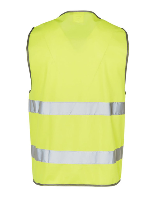 A bright yellow safety vest with reflective tapes along the front and back, featuring a simple design and no sleeves.