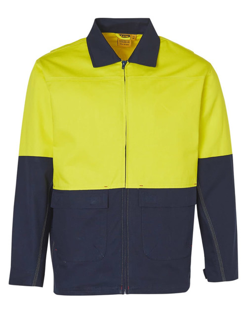 A Hi-Vis two-tone work jacket in fluorescent yellow and navy, featuring a front zipper and pockets.