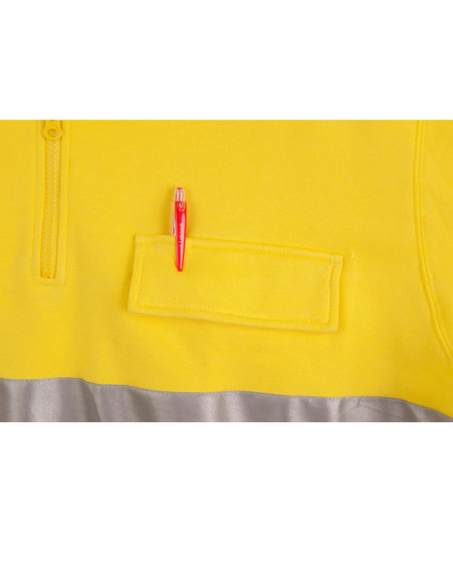 A bright yellow fleece jumper featuring silver accents and a pen pocket. Includes a logo on the fabric.