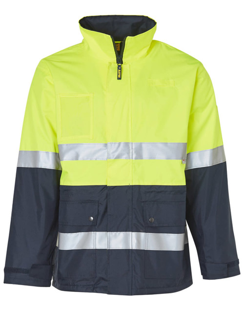 A Hi-Vis long line safety jacket in bright yellow and navy, featuring reflective 3M tapes and a zip front.