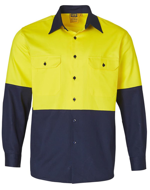 A long-sleeved cotton drill work shirt in high visibility yellow and navy blue, featuring two chest pockets and a logo.
