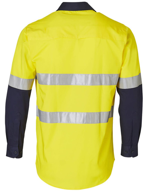 A high-visibility cotton drill shirt in fluorescent yellow with reflective 3M tape and navy sleeves. Features a branded logo.