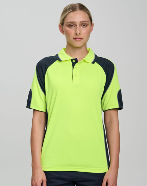 A bright yellow and navy polo shirt with short sleeves and contrast sleeve panels. Features a logo on the chest.