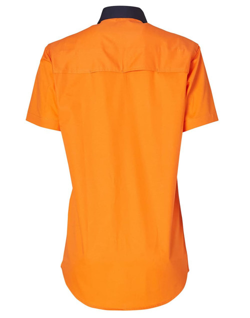 A short-sleeved safety shirt in bright orange with a navy collar, featuring a logo on the back.