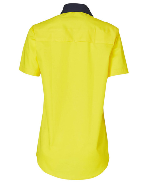 A bright yellow short-sleeved safety shirt with a navy collar, featuring a logo on the back.