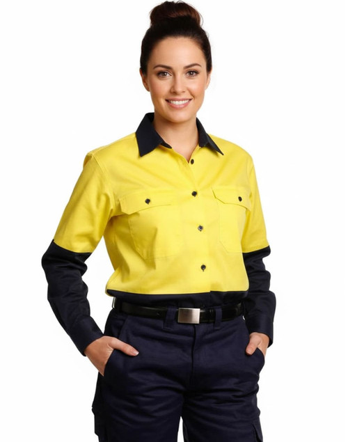 A women's long-sleeve safety shirt in hi-vis yellow with navy blue sleeves, featuring pockets and a collar.