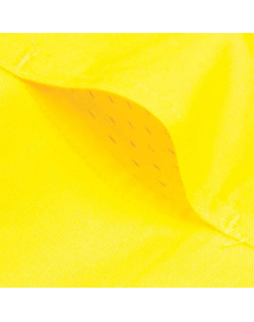 A close-up of vibrant yellow fabric, showcasing a breathable weave, suitable for safety shirts. Features a logo.