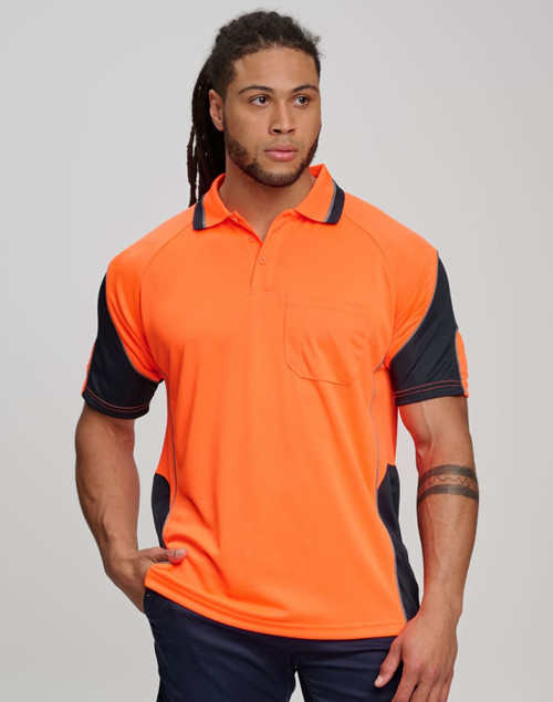 A bright orange safety polo shirt with navy accents, featuring a pocket and logo. Ideal for workwear.