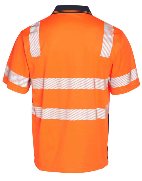 A safety polo shirt in bright orange with reflective striped detailing on the back and a logo.