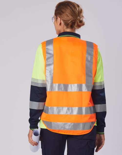 A long-sleeve safety polo in fluorescent yellow and orange with reflective stripes and branding on the back.