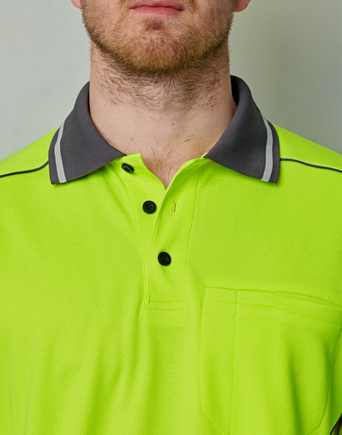 A hi-vis lime green polo shirt with a grey collar and a pocket, featuring a logo on the chest area.