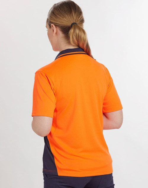A unisex short-sleeve polo shirt in high-visibility orange with navy accents and a logo on the chest.