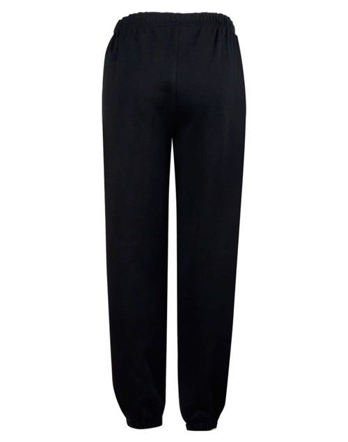 Black fleecy track pants with an elastic waistband, cuffs, and knee padding. Features a logo on the side.