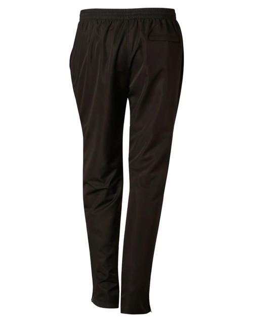 Black kid's track pants with an elastic waistband and side pockets, featuring a logo on the back.