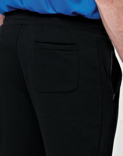 Black poly/cotton terry sweat pants with a pocket, featured on a model's side view.