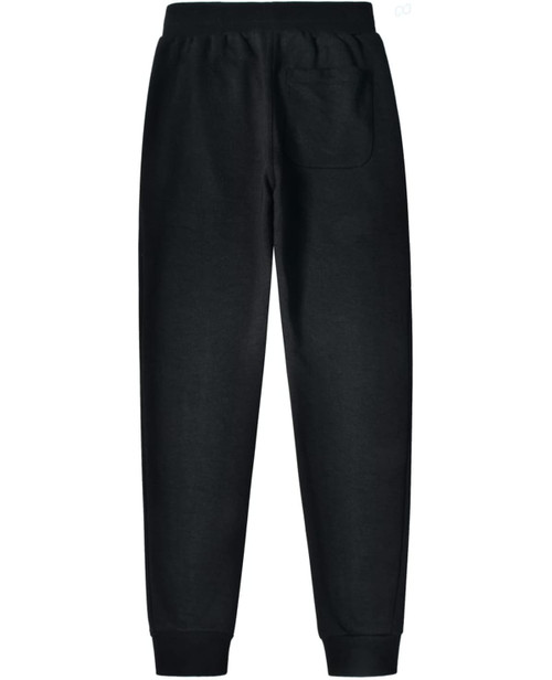 Black kids' poly/cotton terry track pants with an elastic waistband and a single back pocket. Features a logo.