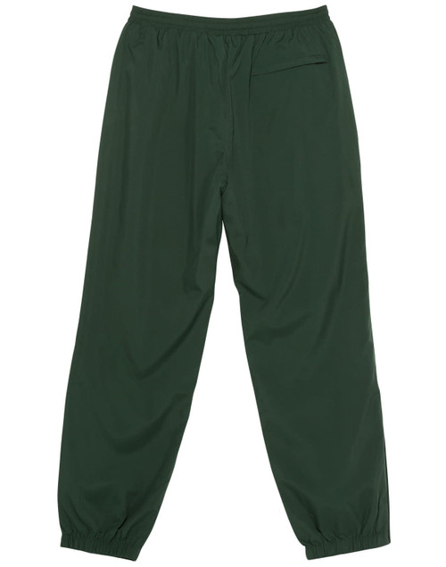 A pair of green track pants with an elastic waistband and a single pocket at the back. Features a brand logo.